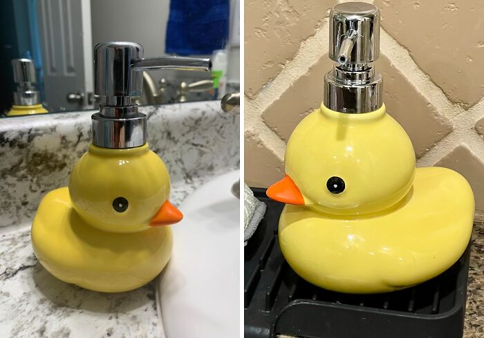 Duck-shaped soap dispenser, a trendy new bathroom product with 5-star reviews, on a marble countertop.