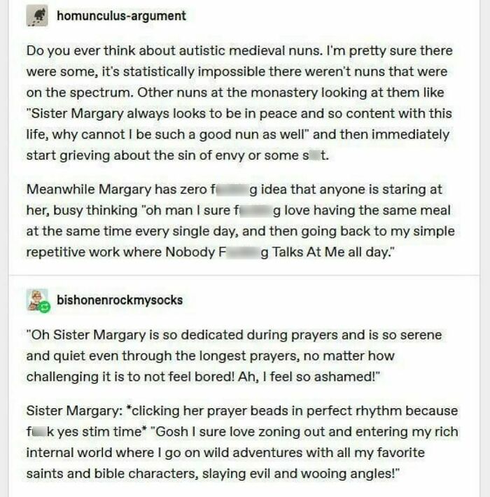 Funny and random meme about medieval nuns, featuring humorous dialogue and relatable thoughts to brighten your day.