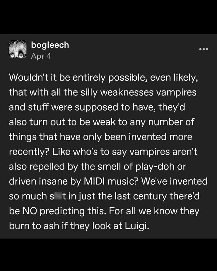 Funny and random meme about vampire weaknesses in a humorous text post from an IG page.