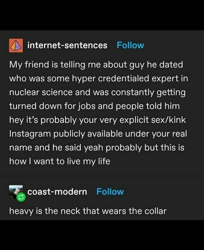 Funny and random meme about a guy's unique lifestyle choices and its impact on job opportunities.