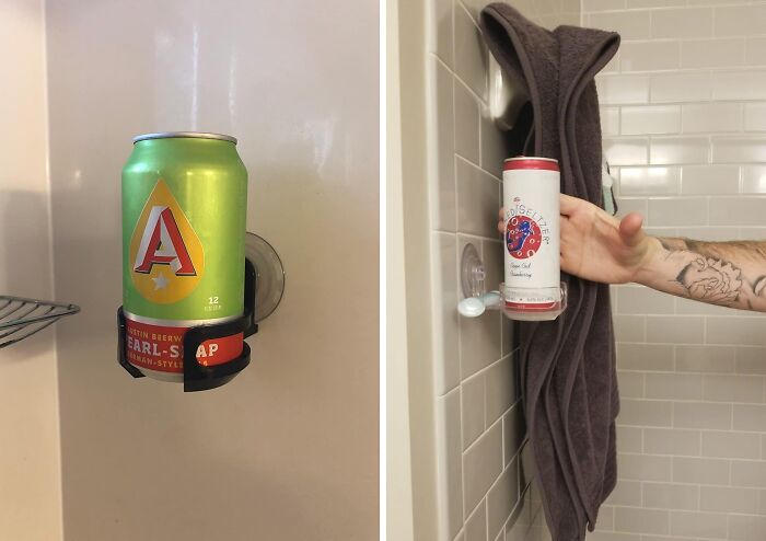Bathroom must-haves showing wall-mounted holders keeping drinks secure in a shower for convenience and relaxation.