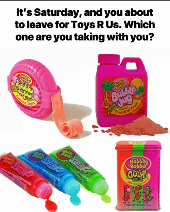 Nostalgic Hubba Bubba gum variety including Bubble Tape, Bubble Jug, Blushin Skittles, and Gush collectible tin.