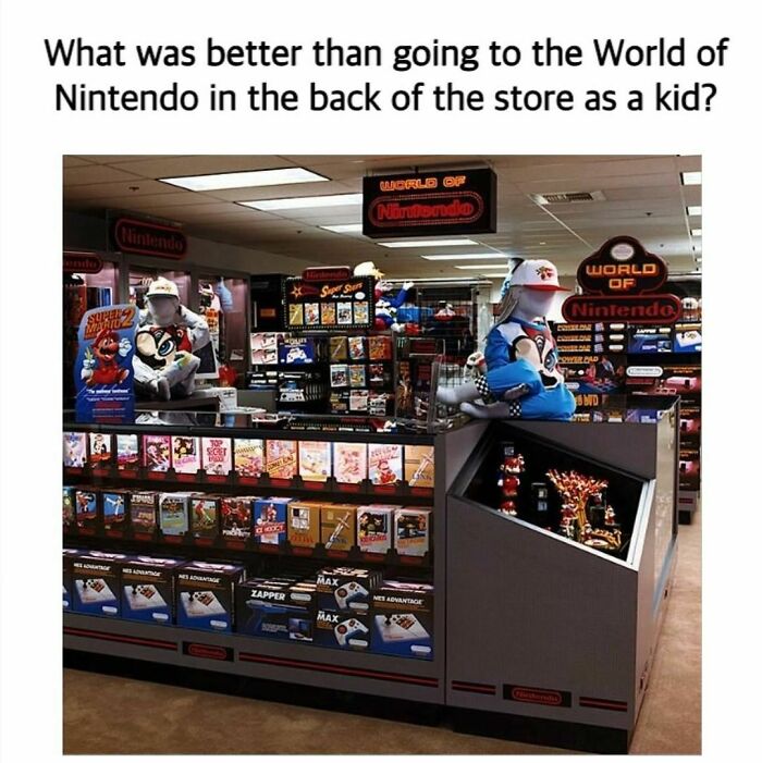 Nintendo store display with retro games and consoles, evoking nostalgic memories from childhood for many years old fans.