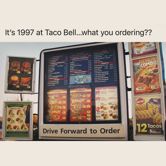 1997 Taco Bell drive-thru menu showcasing nostalgic combos and classic items from the 90s to unlock memories.