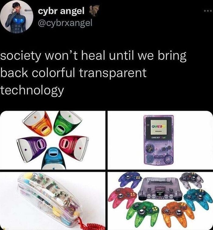 Colorful transparent vintage technology including iMacs, Game Boy, Nintendo controllers, evoking nostalgic memories.