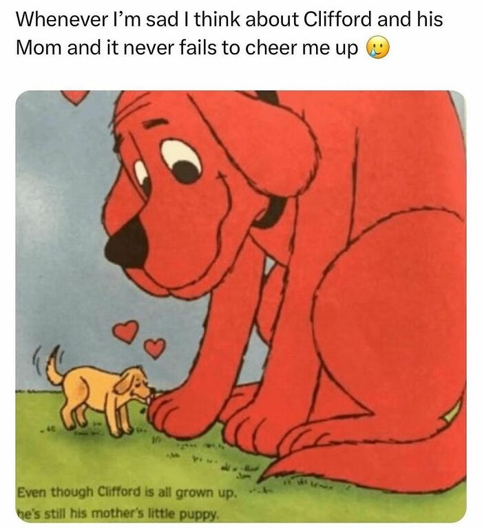 Cartoon of Clifford the Big Red Dog with his puppy, a funny animal meme evoking pure and heartwarming emotions.