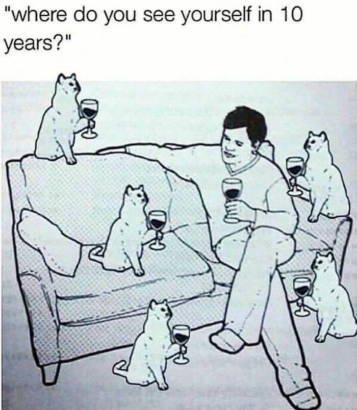 Man sitting on couch surrounded by cats holding glasses of wine in a funny animal meme illustration.