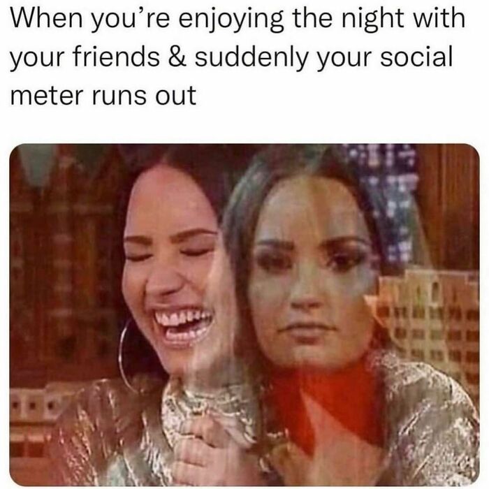 Woman laughing with overlay of serious face, text about social meter running out, relatable memes.