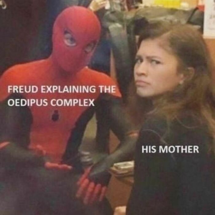 Spider-Man in costume gesturing, with woman looking confused. Text: "Freud explaining the Oedipus complex" and "his mother".