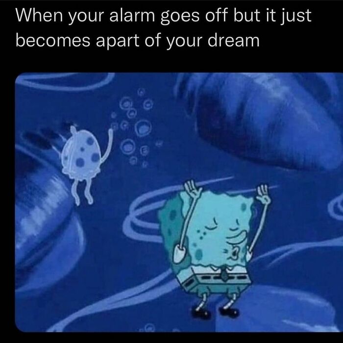 Cartoon character dreaming underwater, illustrating memes about barely functioning with an alarm theme.