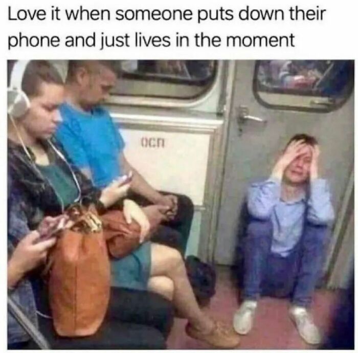 People on a train focusing on phones while one person is distressed, highlighting relatable functioning struggles.