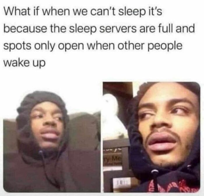 Young man in a black hoodie looking puzzled with a humorous sleep-related text above him; relatable meme theme.
