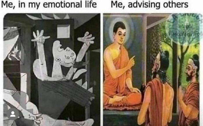 Split meme showing a chaotic scene and peaceful advice, capturing relatable humor for those barely functioning.