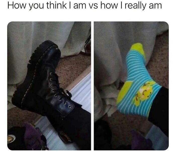 Side-by-side comparison: black boot versus colorful sock, humorous meme about self-perception.