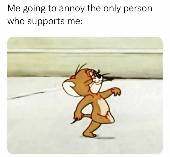 Cartoon mouse strutting confidently with a mischievous grin, relatable meme for those barely functioning.