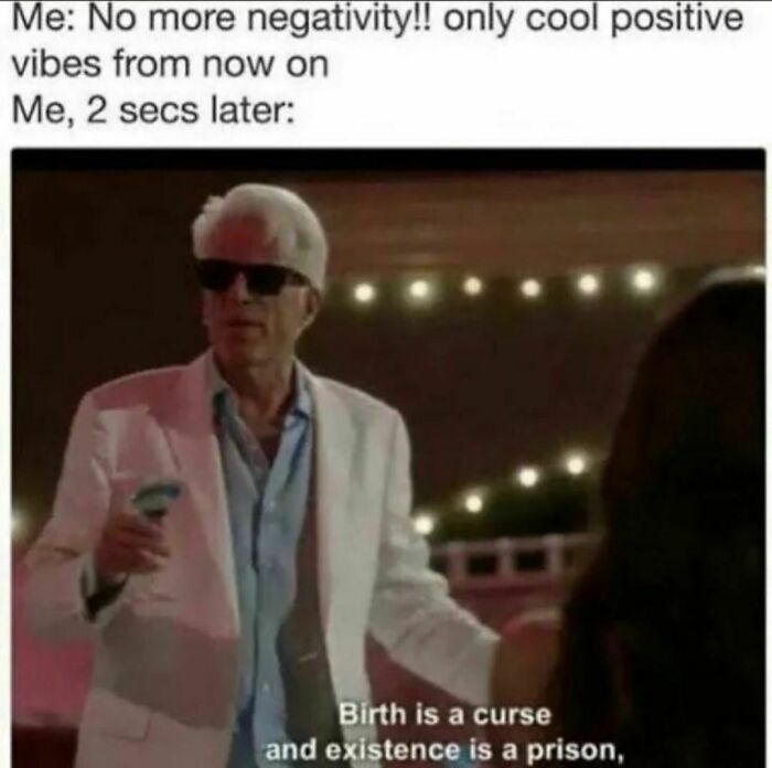 Man in sunglasses and white jacket holding spray bottle, captioning birth and existence, relatable meme theme.