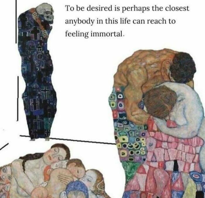 Meme about being desired, featuring abstract art of people embracing, reflecting relatable themes for barely functioning individuals.