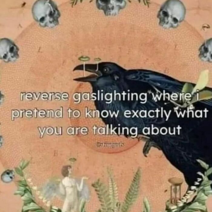 A crow with text overlay about reverse gaslighting, surrounded by skulls and abstract art.