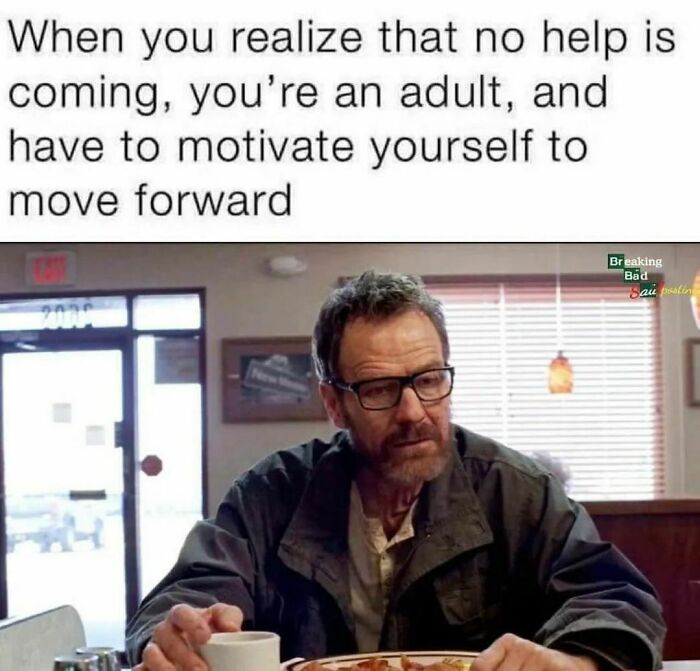 Man looking weary with text about adult responsibilities, relating to barely functioning memes.