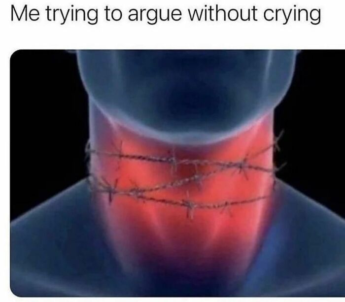 Neck wrapped in barbed wire, depicting emotional struggle; a relatable meme for those barely functioning.