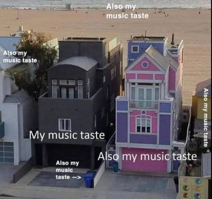 Two adjacent houses at the beach with "My music taste" text overlay, representing contrasting music preferences.