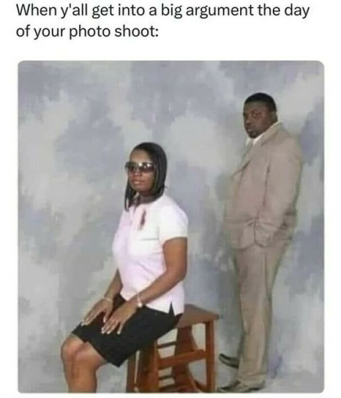 Couple in awkward photo shoot posing separately, reflecting common random memes about shared but ununique experiences.