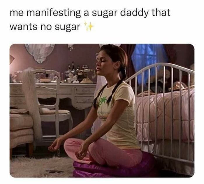 Young woman sitting cross-legged on cushions meditating in a bedroom, a relatable random meme about unique experiences.