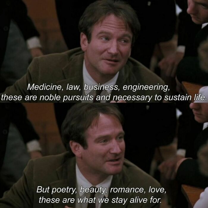 Scene from the nineties with a man discussing the importance of poetry and beauty in life.