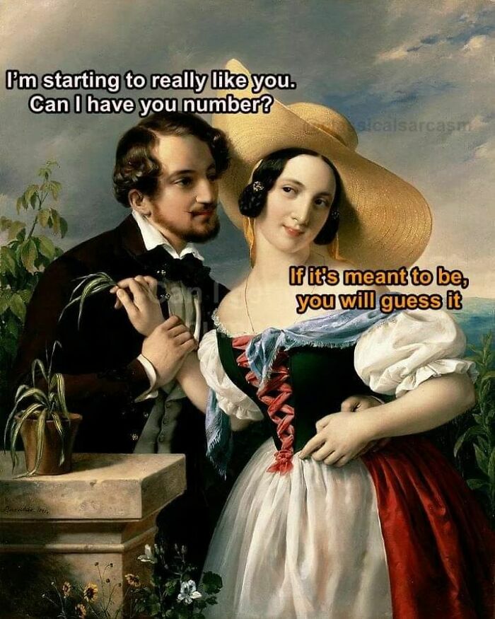 A classical painting transformed into a relatable meme with humorous text exchange between two figures.