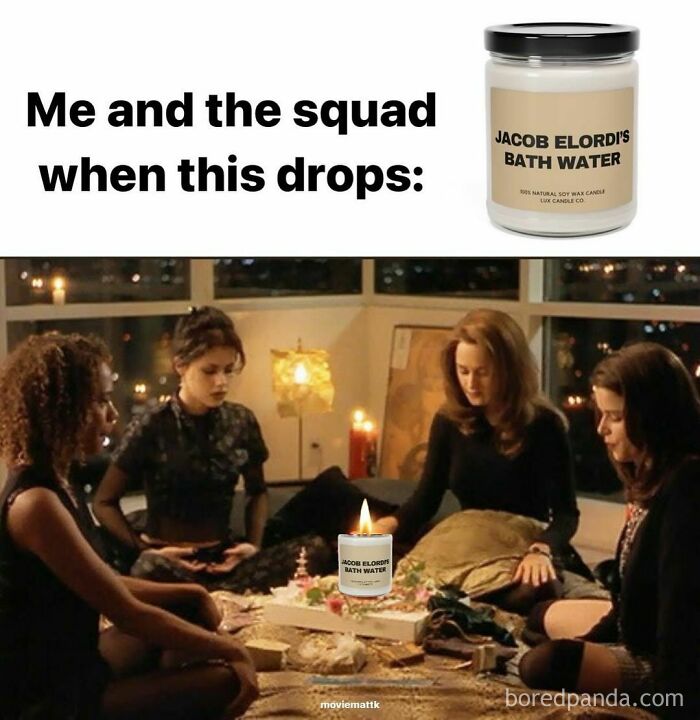 Group of friends sitting in a dimly lit room around a burning "Jacob Elordi's Bath Water" candle, funny movie meme humor.