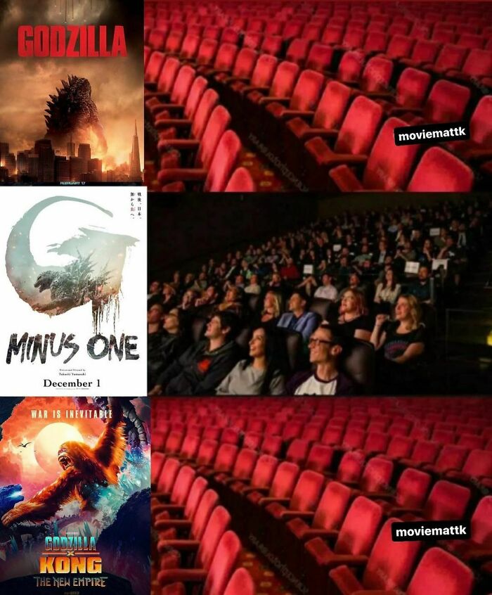 Empty and full movie theater seats illustrating funny movie memes that hit harder than some films.