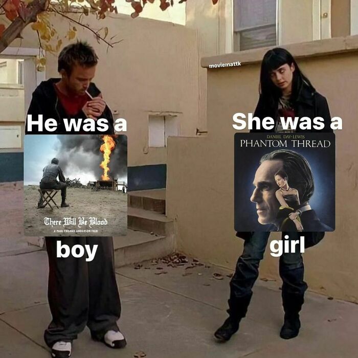 Two people wearing movie meme posters from Where Will Be Blood and Phantom Thread, illustrating funny movie memes.