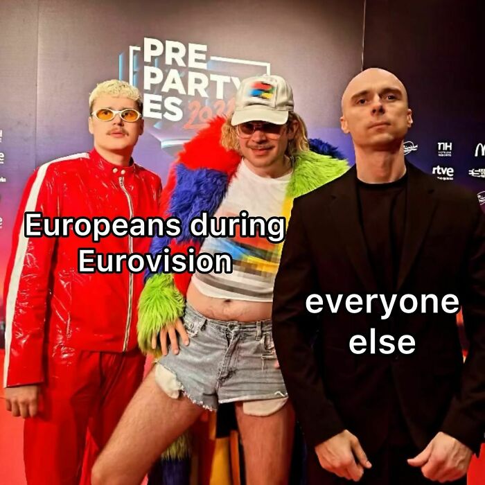 People in colorful and formal outfits humorously depicting Eurovision Song Contest experiences.