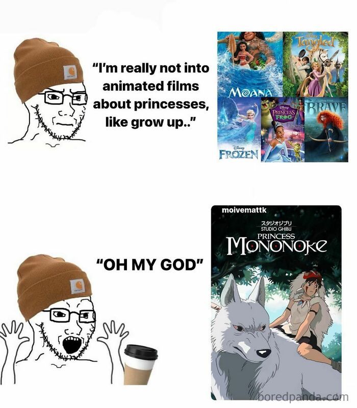 Meme comparing dislike for animated princess films versus excitement for Princess Mononoke in funny movie memes.