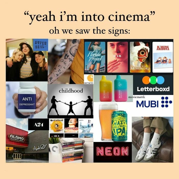 Collage of funny movie memes featuring cinema tattoos, indie film posters, craft beer, and iconic streaming logos for movie fans.
