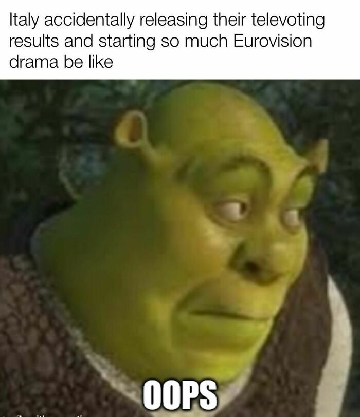 Green ogre expressing surprise in a Eurovision meme with text about televising results.