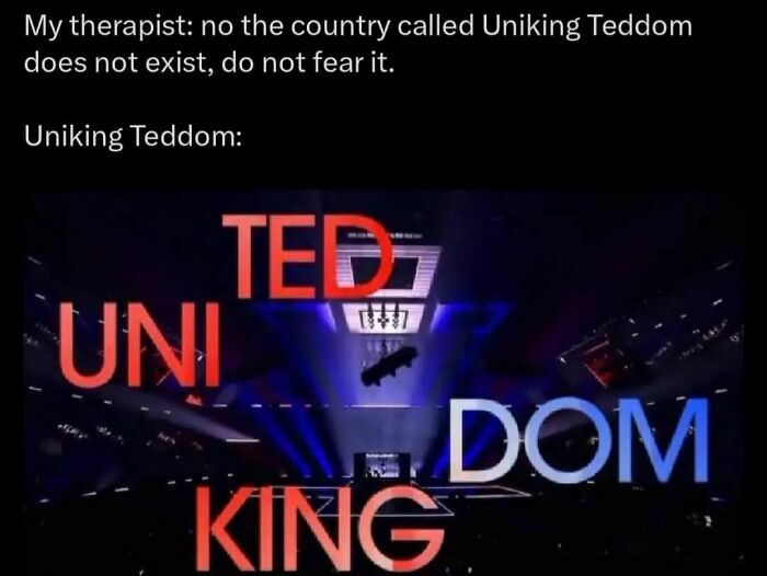 A humorous Eurovision meme about the fictional country "Uniking Teddom" with split text in a performance setting.
