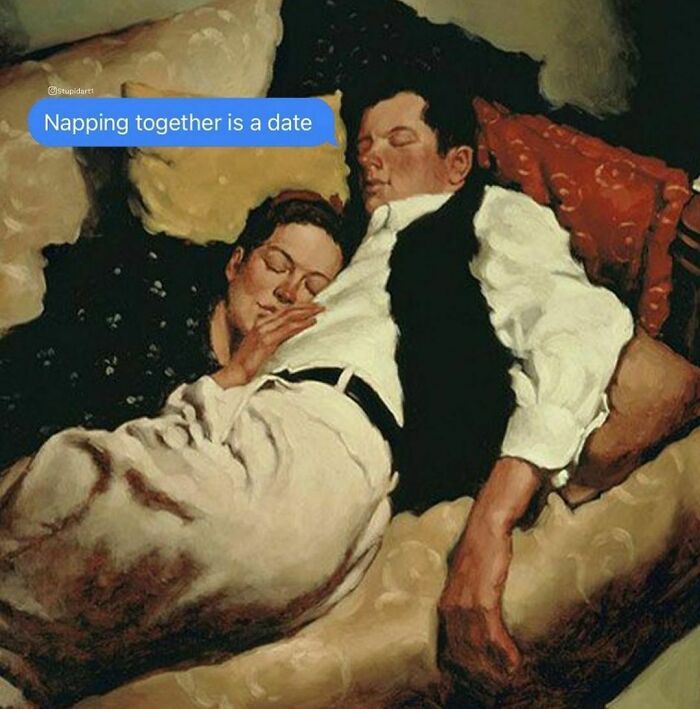 Classical art meme showing a couple napping together as a date, adding humor to daily coffee breaks.