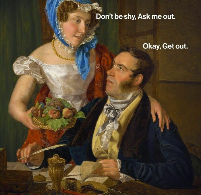 A funny classical art meme with a woman offering fruit and a man looking surprised, adding humor to your coffee break.