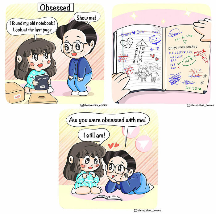 Comic strip about relationships, featuring a couple reminiscing over a notebook, expressing love and humor.