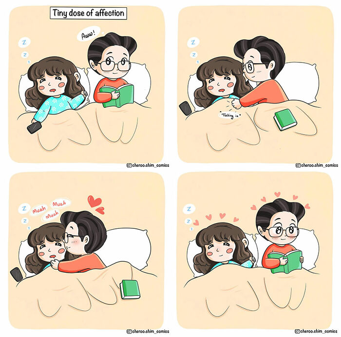 Couple in bed sharing affection in four-panel comic about relationships.
