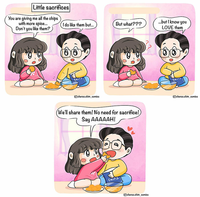 Couple sharing chips in a comic about relationships, emphasizing a playful compromise on food preferences.