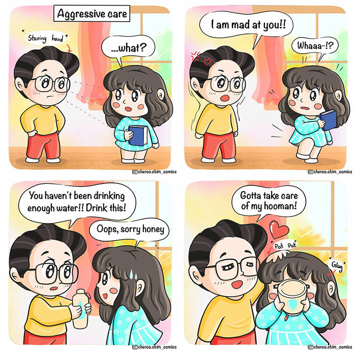 Couple showing aggressive care in a comic strip, emphasizing relatable relationship dynamics.