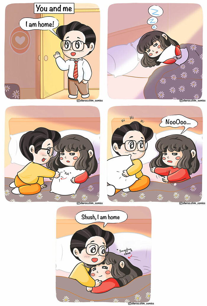 Comic about relationships humorously depicting a couple reuniting at home, snuggling in a cozy bedroom.