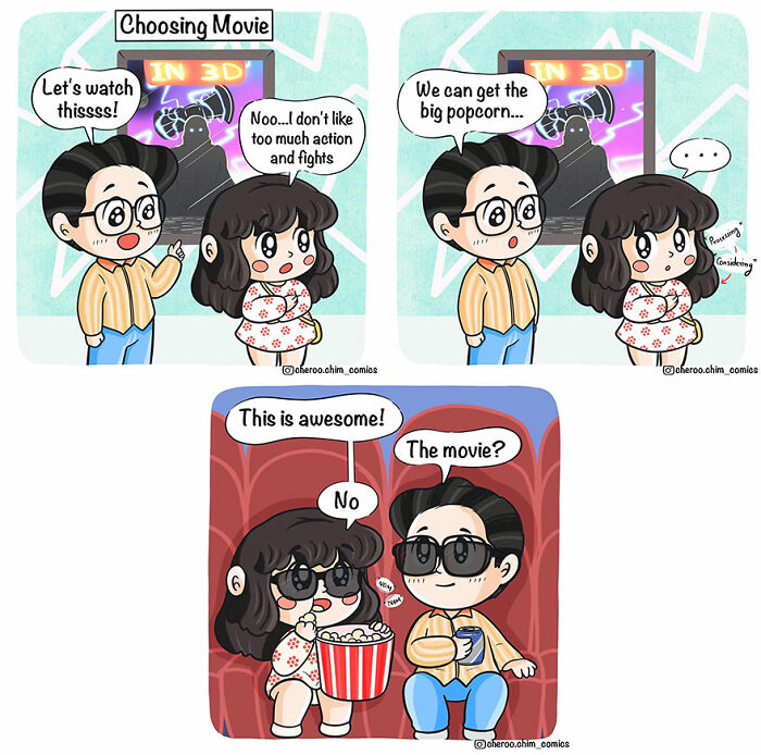 Comic about relationships showing a couple choosing a movie, discussing popcorn, and enjoying a cinema experience.