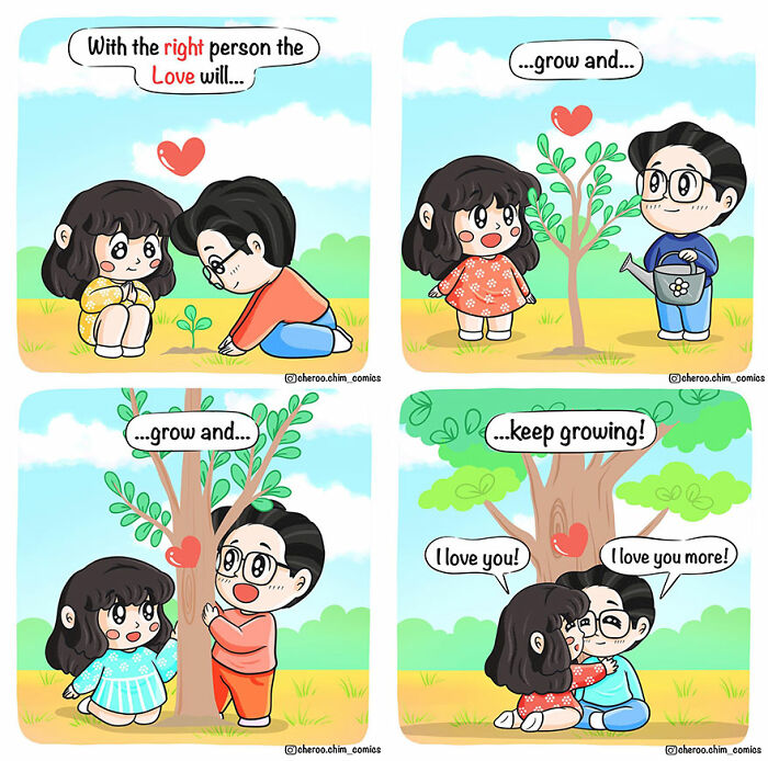 Comics about relationships showing a couple nurturing a growing tree symbolizing love and connection.