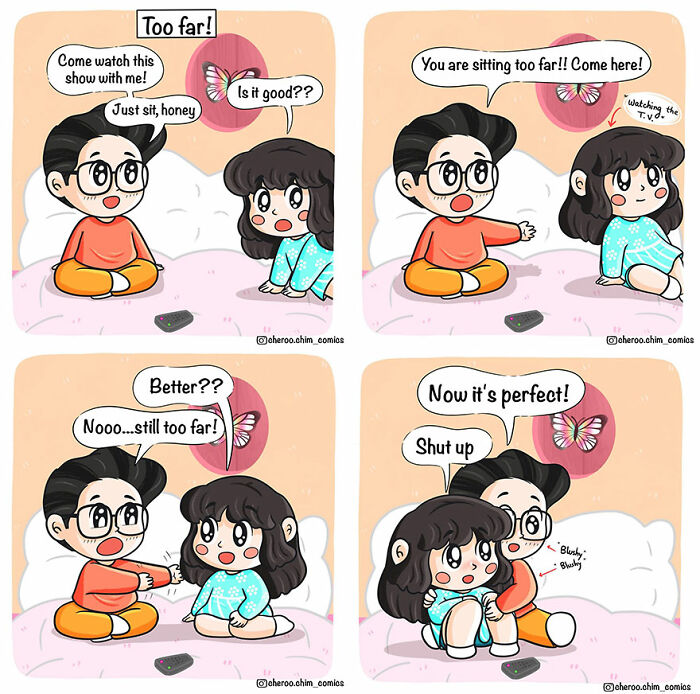 Comic about relationships showing a couple adjusting their seating to get closer while watching TV together.