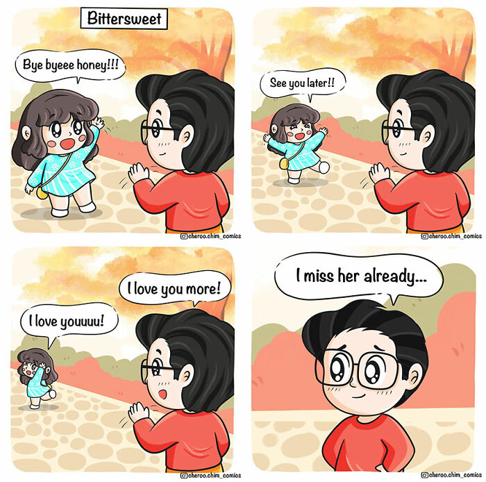 Comic about couples with a bittersweet goodbye; a man and woman exchange loving words and waves.