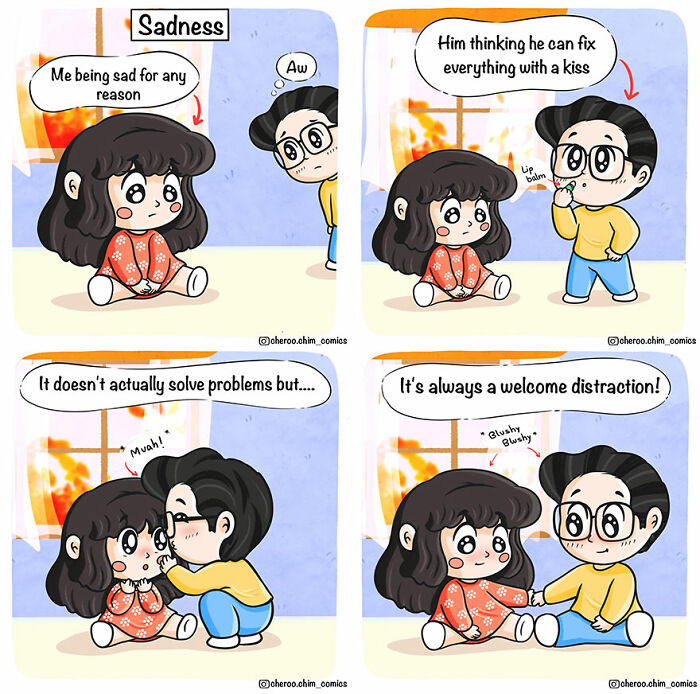 Couple's comic about relationships; he comforts her with a kiss, bringing a welcome distraction from sadness.