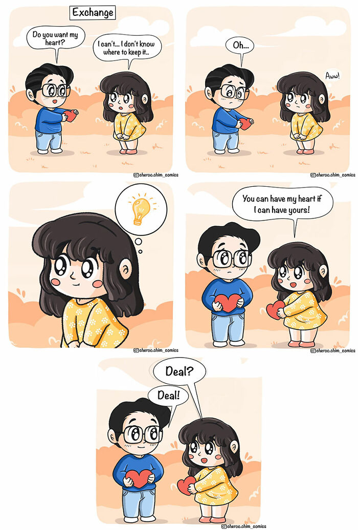 Couple exchanging hearts in a cute comic about relationships, reflecting mutual love and understanding.